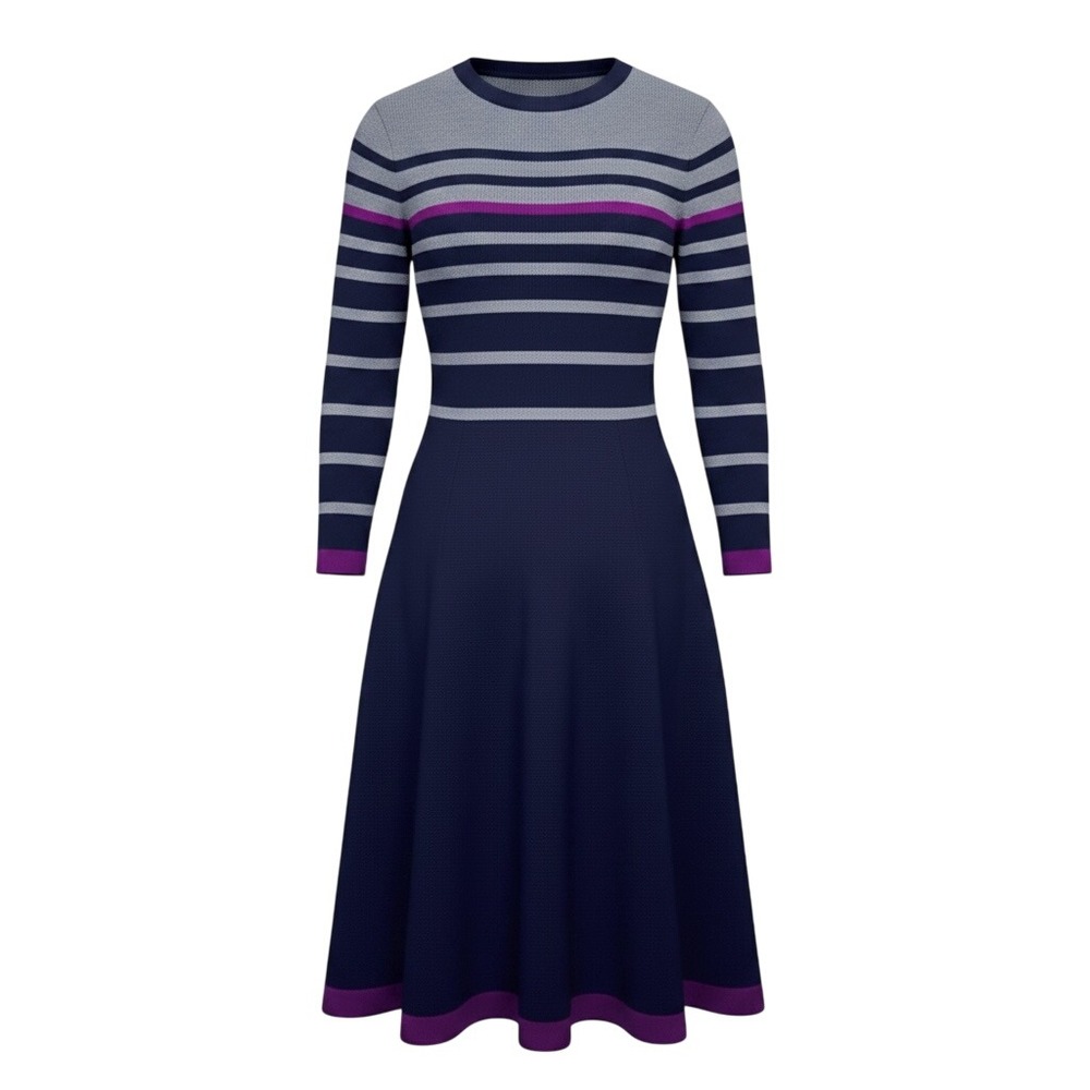 Y2K Navy Striped Fit & Flare Sweater Midi Dress Small Purple Grey Coastal Preppy